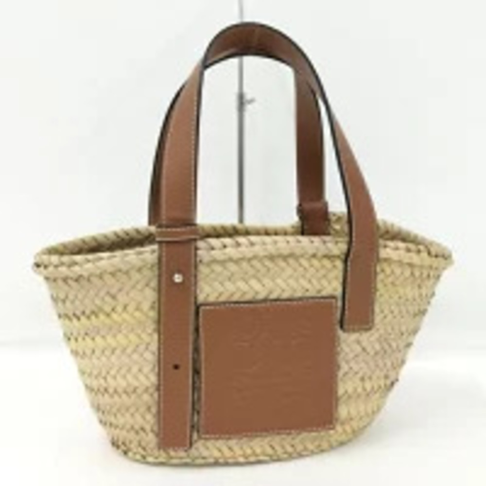LOEWE Basket Bag Handbag Anagram Raffia Leather Brown